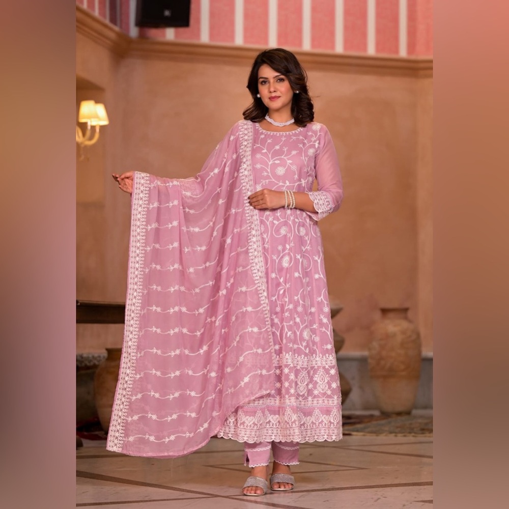 COPY - Light pink anarkali with all over embroidery work.